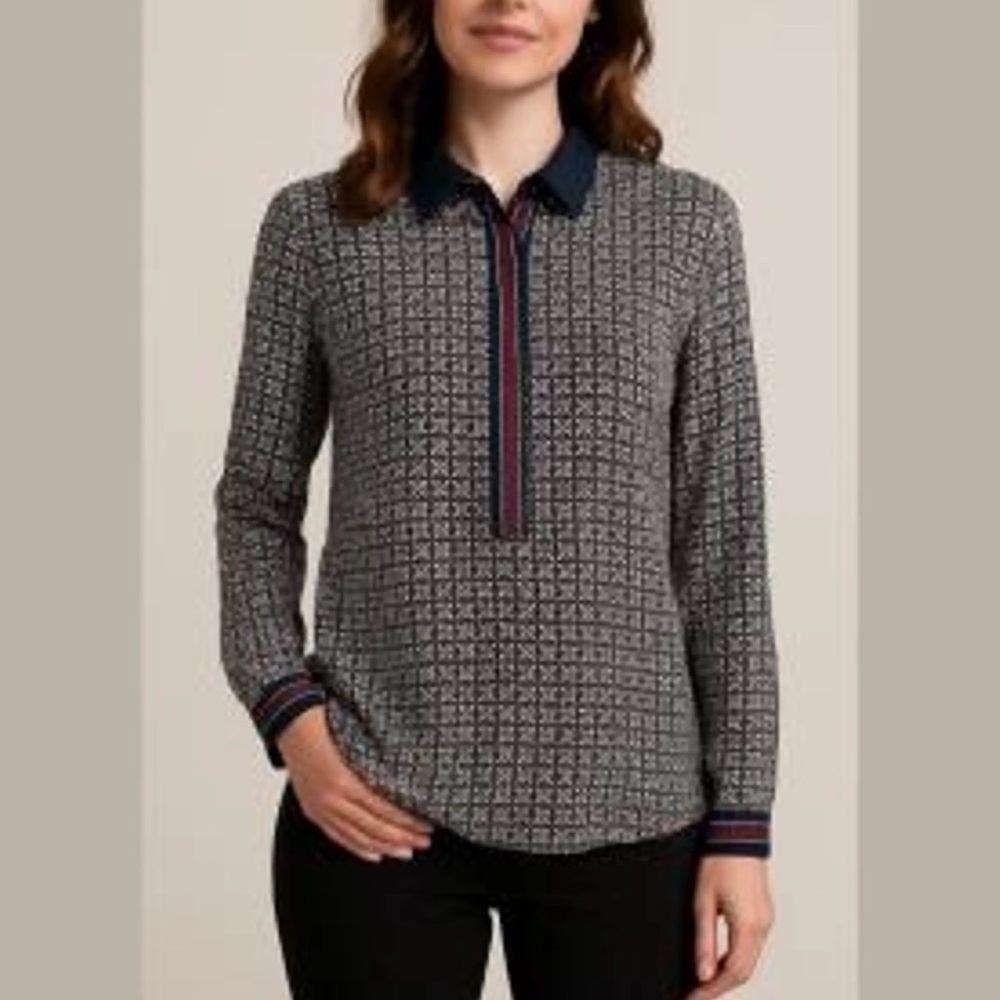 LOFT Navy and White Geometric Button Down Shirt